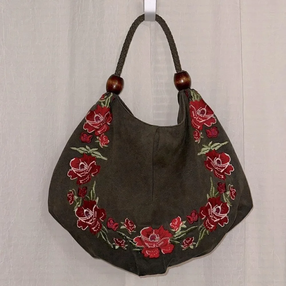 ASOS Forever New Camo Green Canvas Red Burgundy Pink Floral Embroidered Hobo Bag